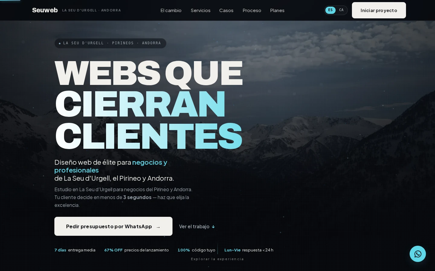 Captura de Seuweb v5g: hero cinematográfico nativo con nieve volumétrica, god rays, partículas y diseño premium sin dependencias pesadas